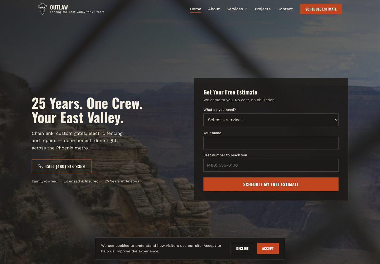 Outlaw Fencing and Gates website homepage