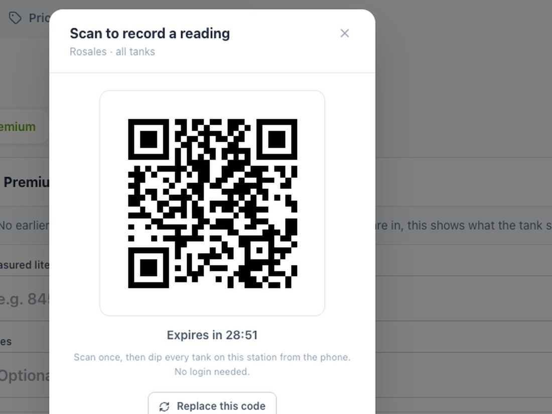 StationOps expiring QR code for filing tank readings